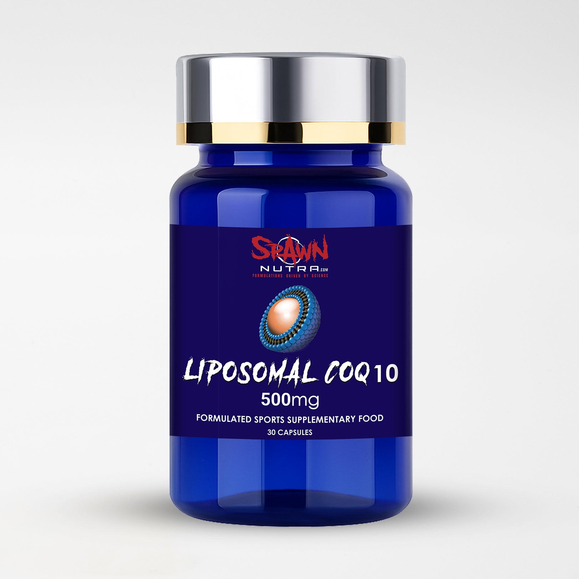 Liposomal CoQ10 500mg supplement bottle with 30 capsules for enhanced absorption formula.