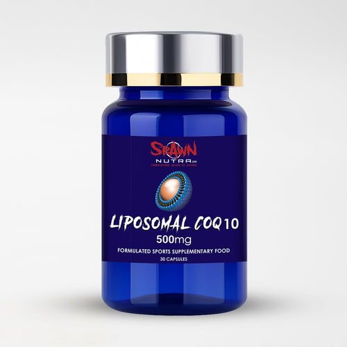 Liposomal CoQ10 500mg supplement bottle with 30 capsules for enhanced absorption formula.