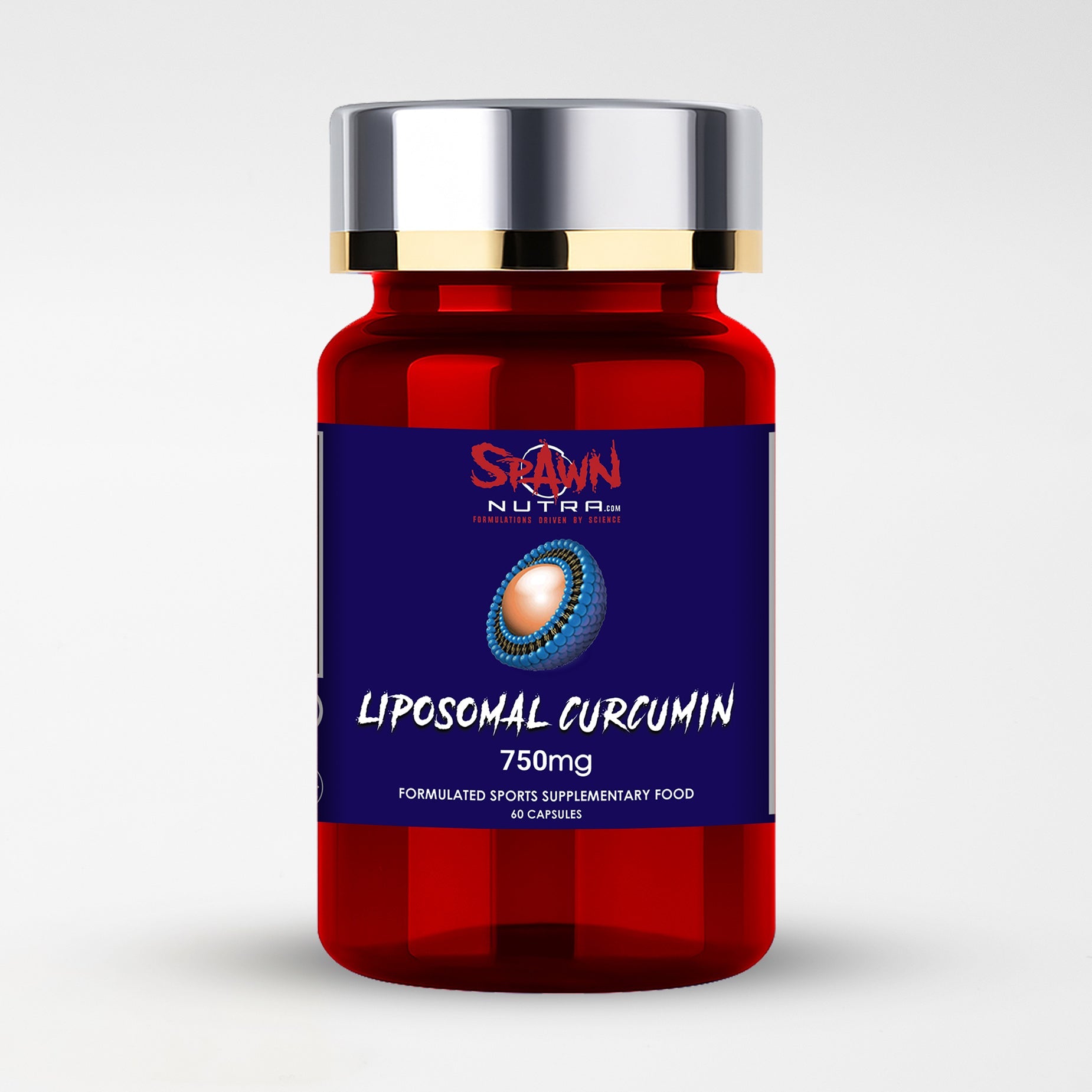 Premium Nutrient Delivery SPAWN NUTRA Liposomal Curcumin 750mg supplement in a red bottle with capsules.