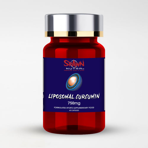 Premium Nutrient Delivery SPAWN NUTRA Liposomal Curcumin 750mg supplement in a red bottle with capsules.
