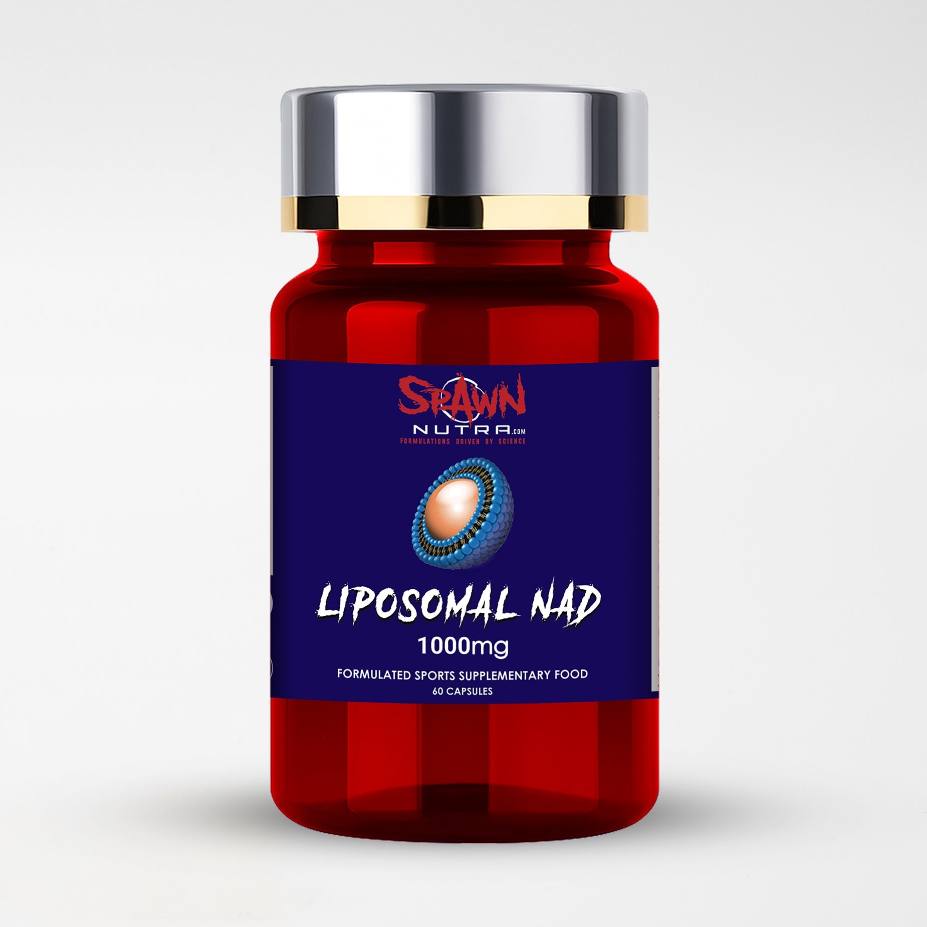 Liposomal NAD+ supplement bottle with 1000mg, offering cellular energy support in 60 capsules.